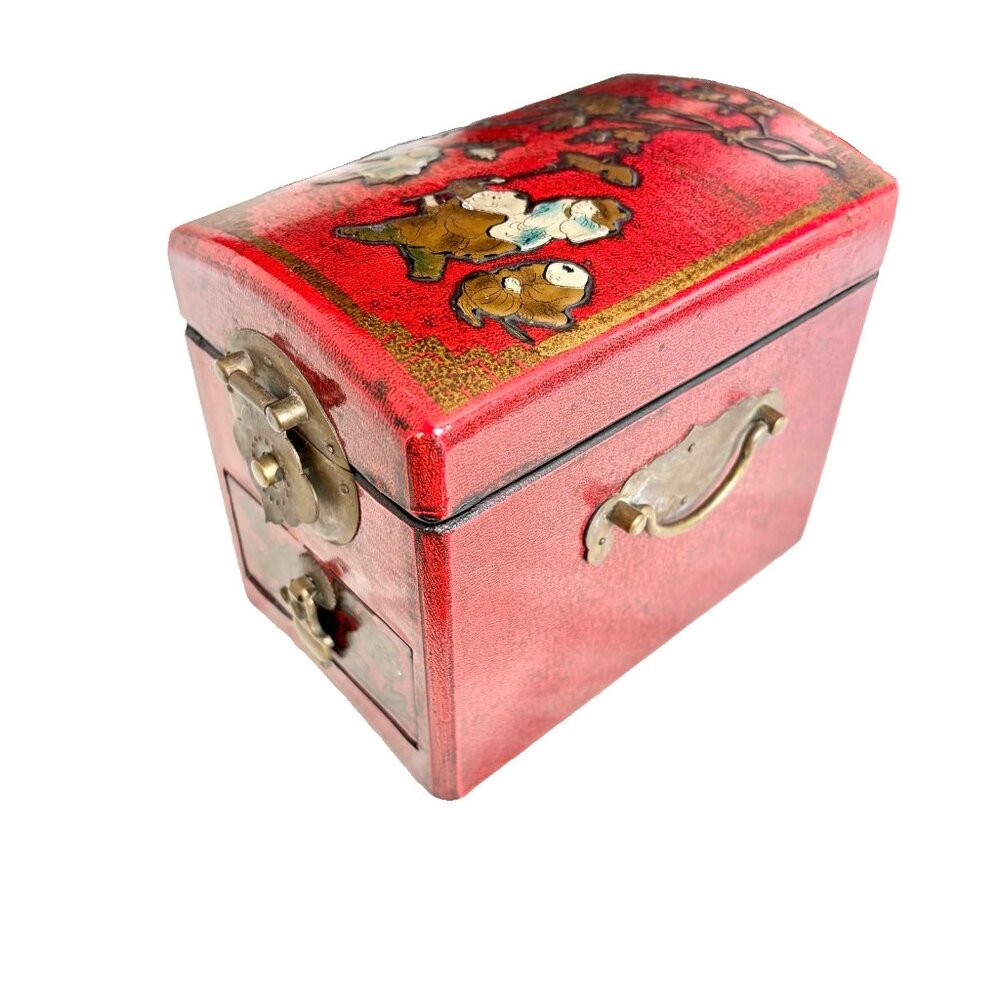 Antique Chinese Red Lacquer Jewelry Box Qing Dynasty Mirror Almanac Drawer